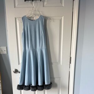 CeCe Sky Blue Mini Dress with Charcoal Fur Trim